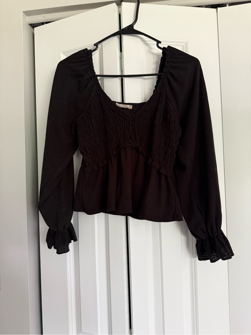 Altar'd State Black Smocked Long-Sleeve Peplum Blouse